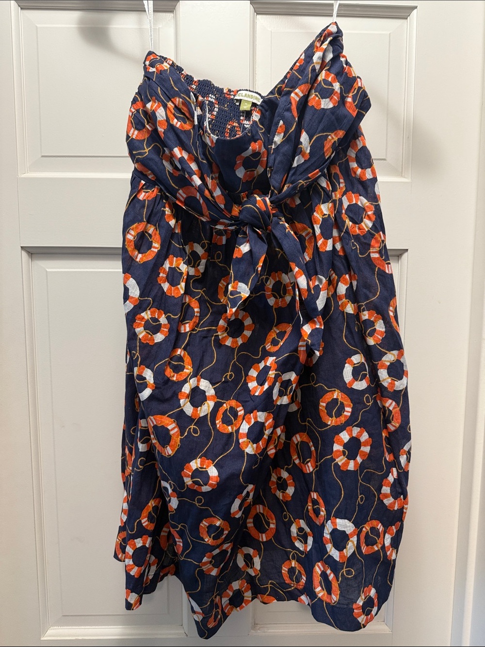 Celandine/Anthropologie Strapless Navy Dress with Orange & White Lifebuoy Print - Picture 4 of 7